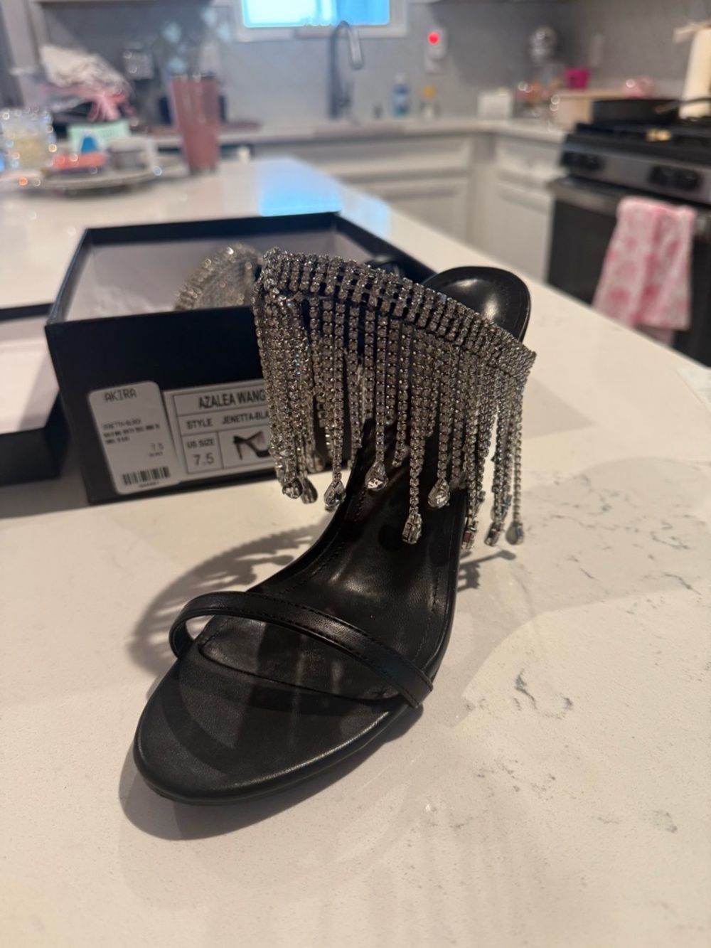 Azalea Wang Black Crystal Fringe Heeled Sandals